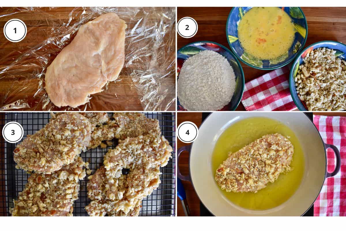 Process shots showing how to make recipe including pounding the meat and frying in oil. 