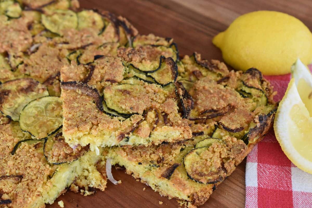 Zucchini Scarpaccia recipe on a cutting board. 