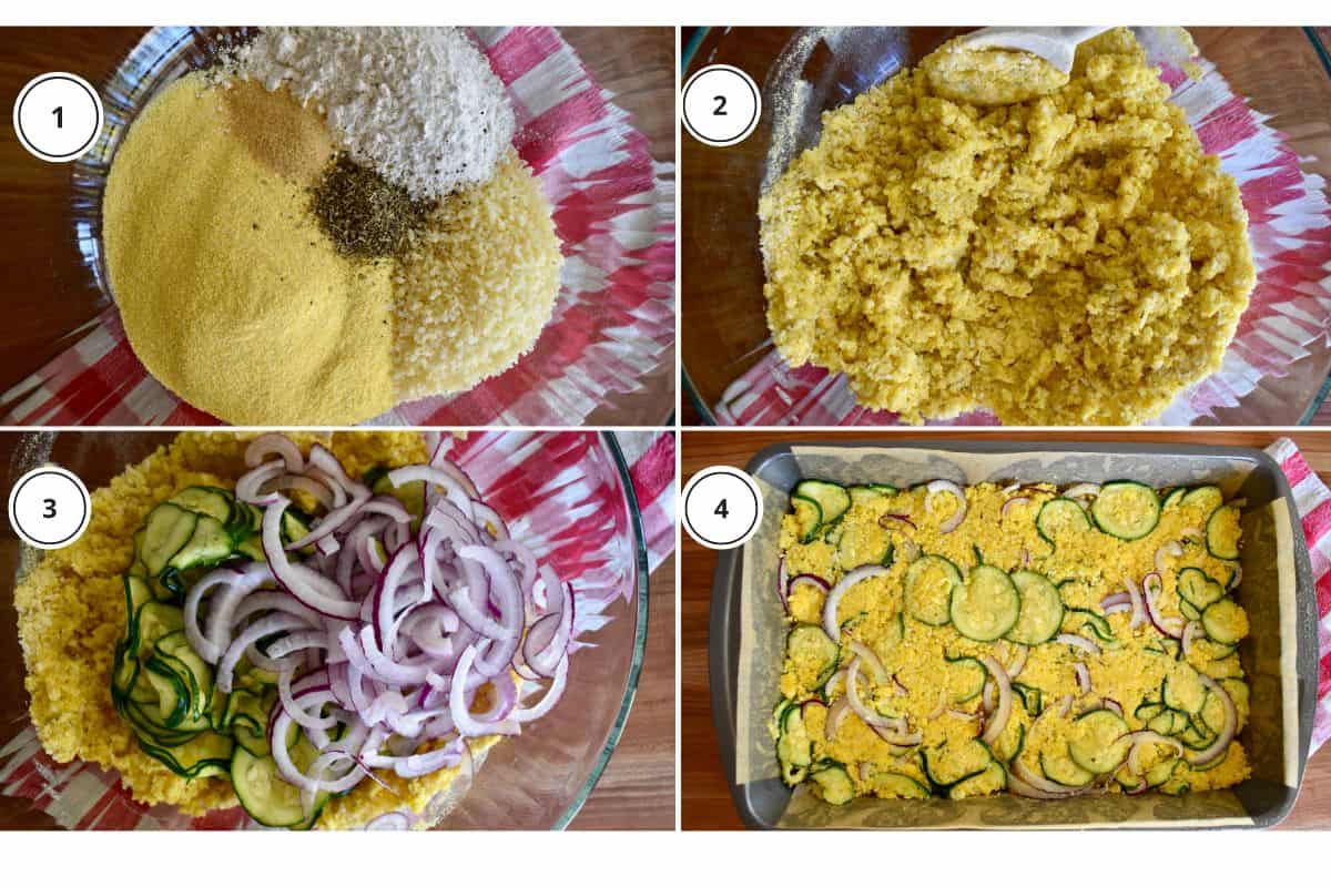 Process shots showing how to make recipe including combining the ingredients and pressing into a metal baking pan. 