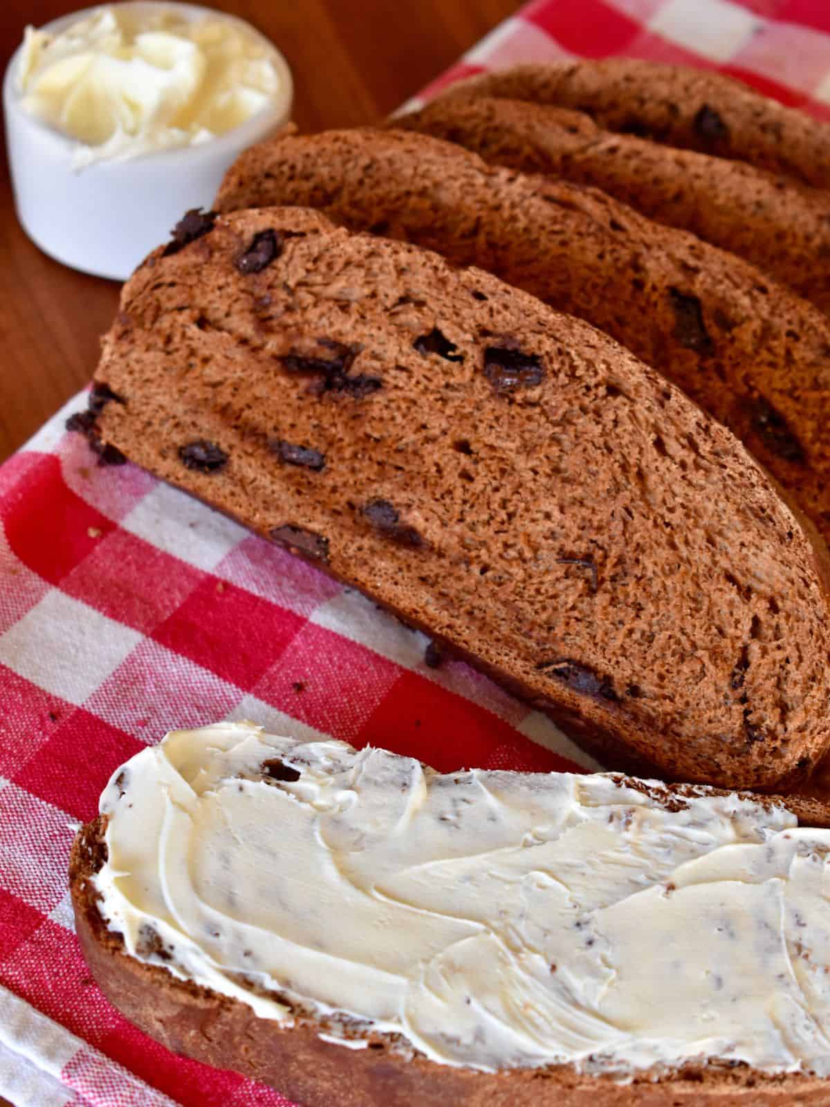 Italian Chocolate Bread with mascarpone cheese spread on it. 