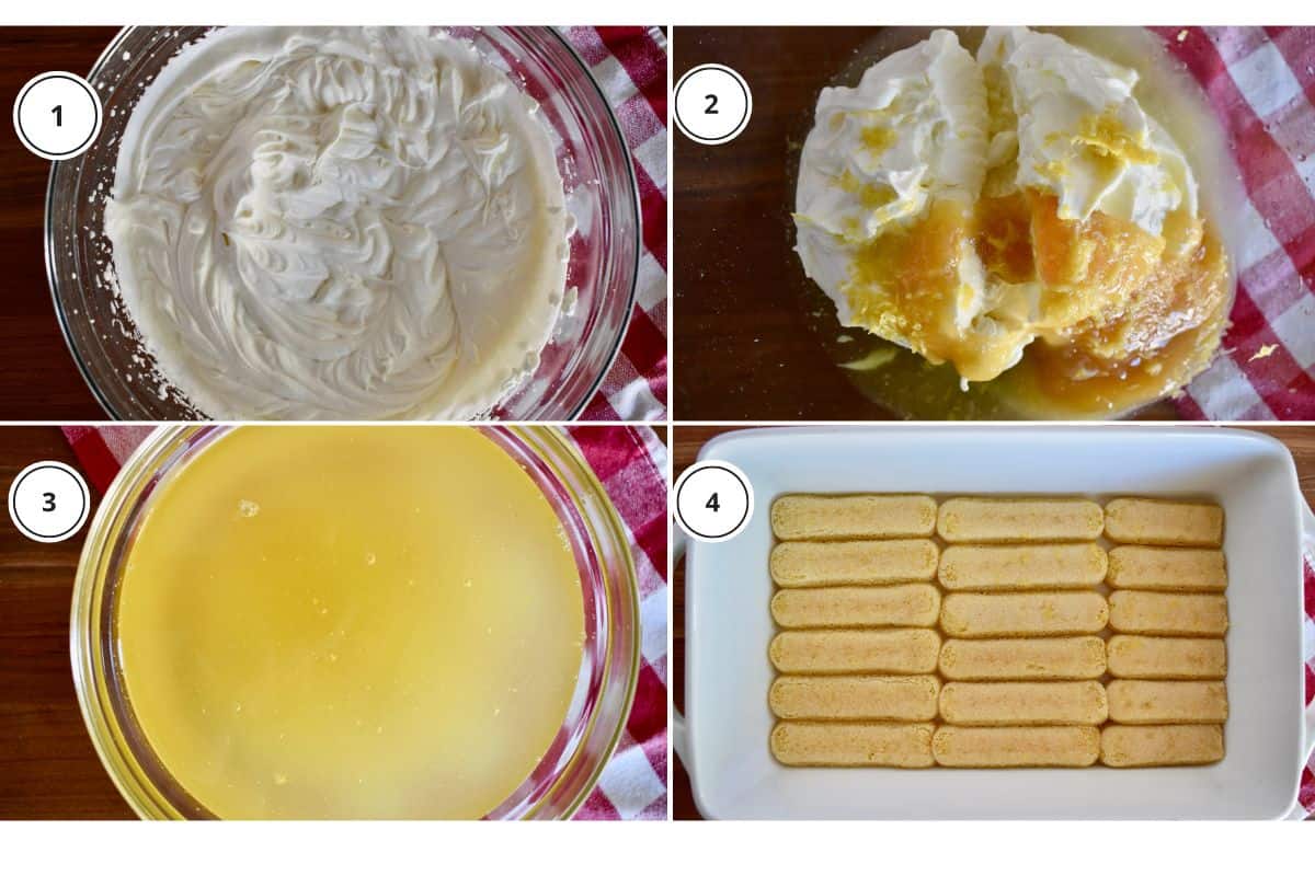 Process shots showing how to make recipe including soaking the ladyfingers and layering with mascarpone filling. 