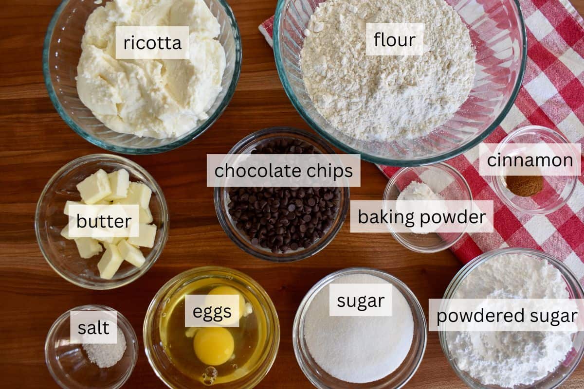 Ingredients for recipe including flour, chocolate chips, eggs, butter, and sugar. 