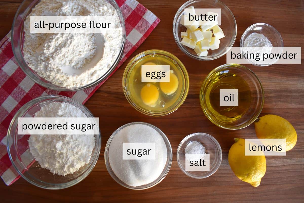 Ingredients include flour, butter, sugar, lemon, olive oil, and eggs. 