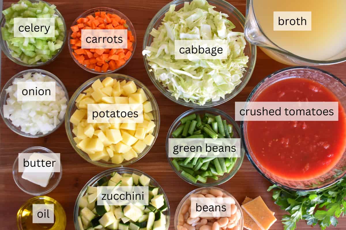 Ingredients include carrots, onion, celery, potatoes, cabbage, green beans, and zucchini. 