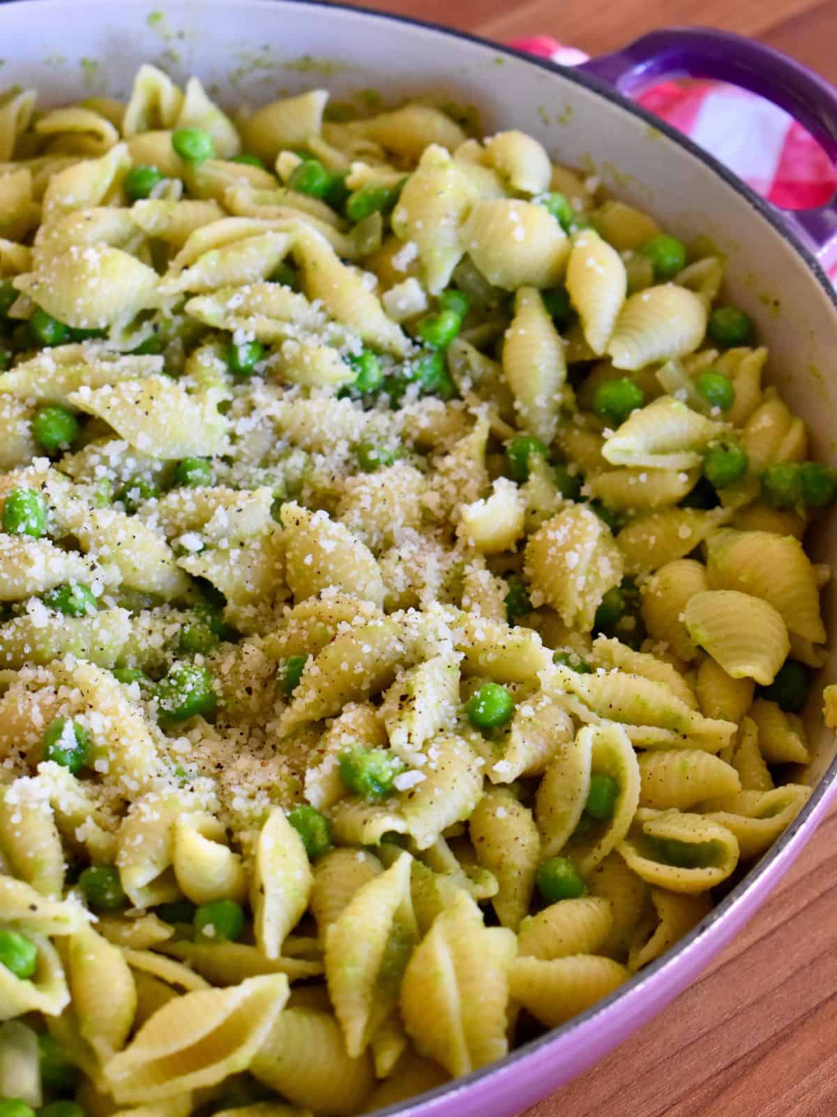 Pasta e Piselli in a large dutch oven. 