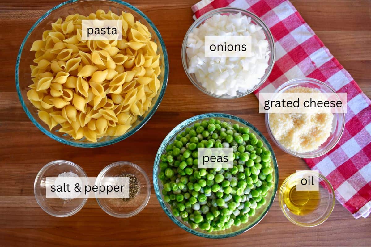 Ingredients include peas, small shells, onion, olive oil, cheese, salt and pepper.