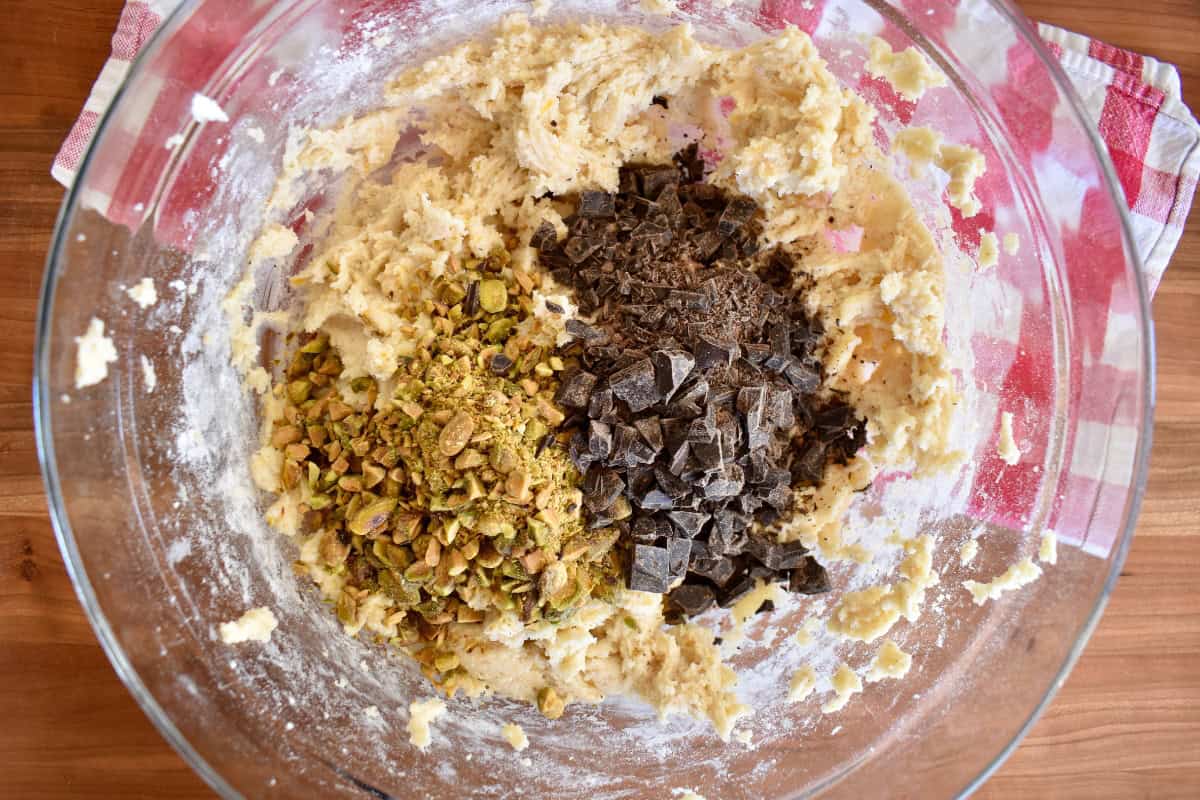 Chopped pistachios and chocolate added to the dough. 