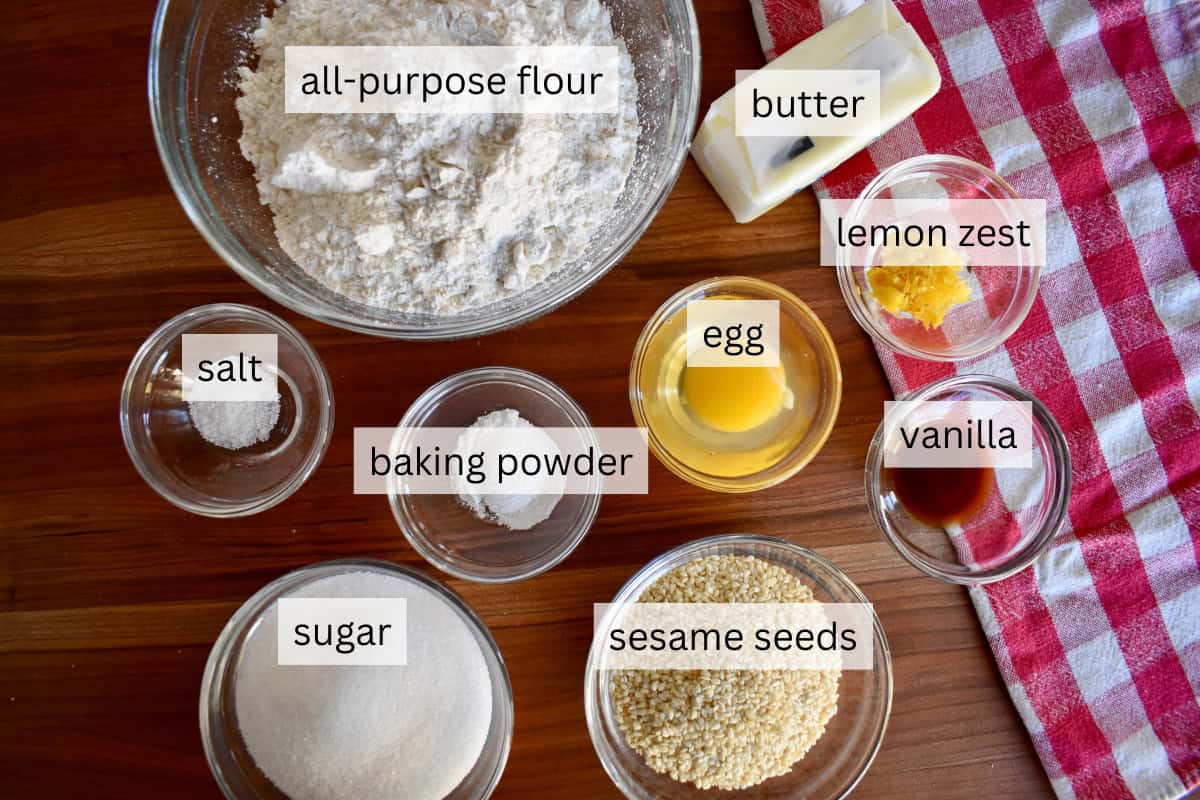 Recipe ingredients including flour, egg, lemon zest, and sugar.