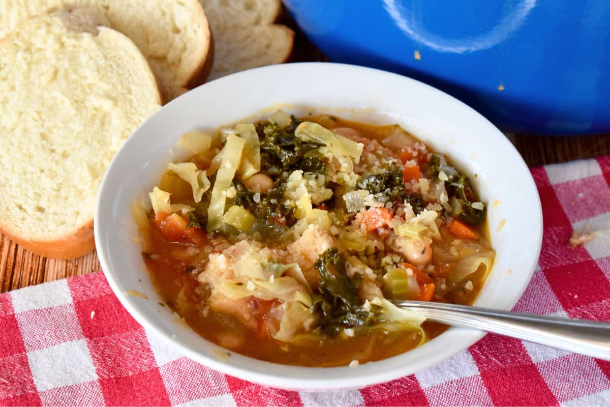 Ribollita in a bowl with a spoon on a checkered napkin. 