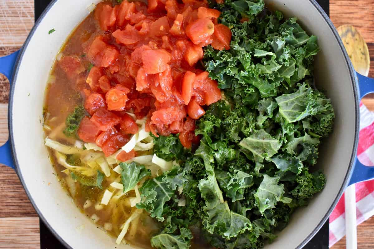 Soup pot filled with veggies including kale, tomatoes and cabbage. 