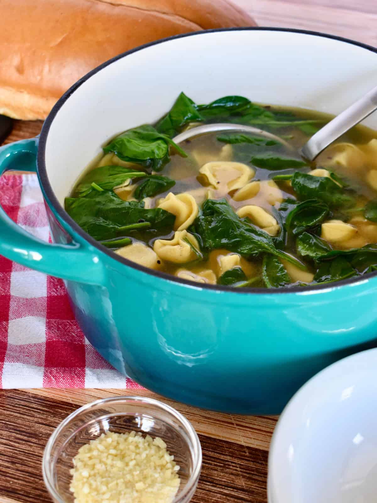 Tortellini en Brodo in a large dutch oven. 