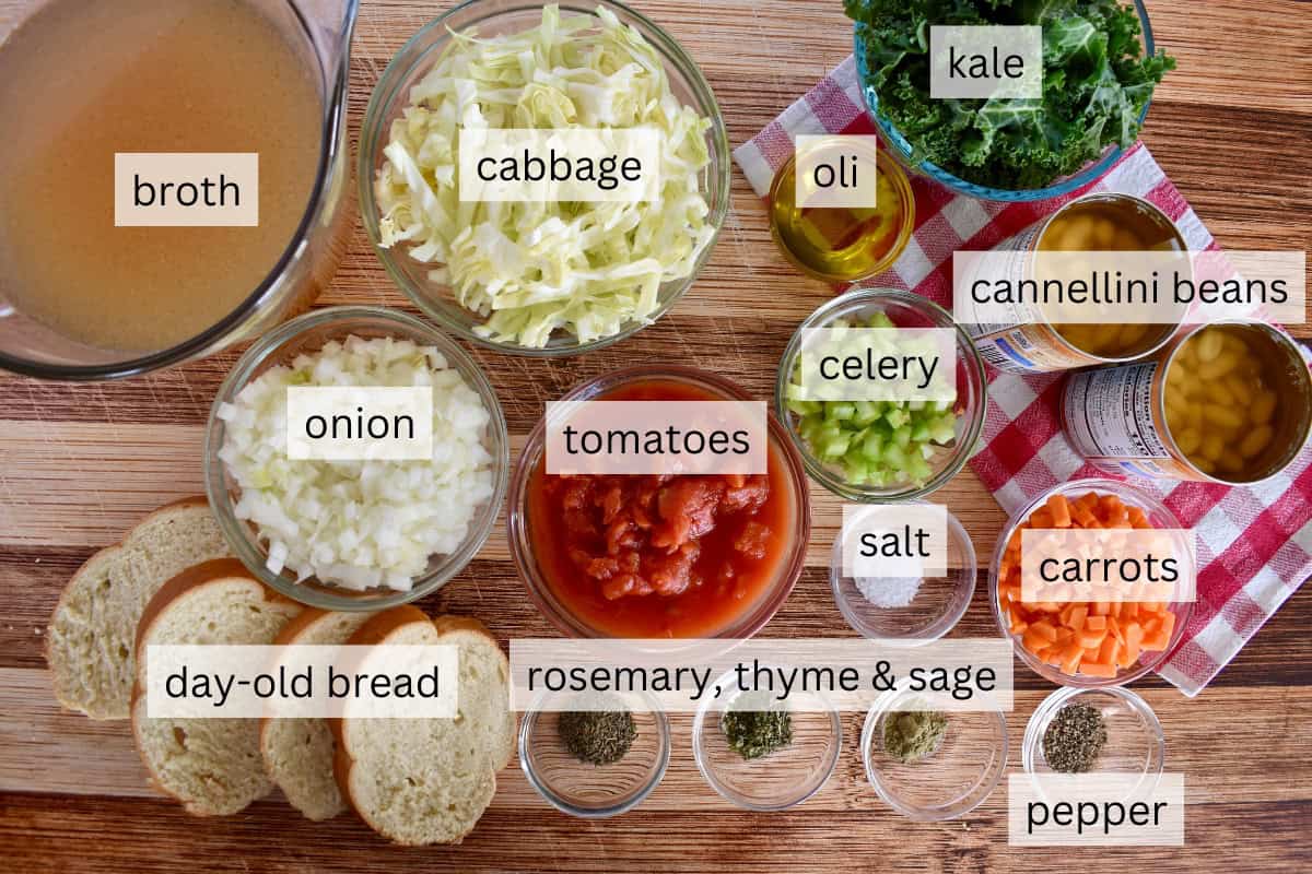 Ingredients include kale, cannellini beans, tomatoes, broth, carrots, celery, onions, and cabbage. 