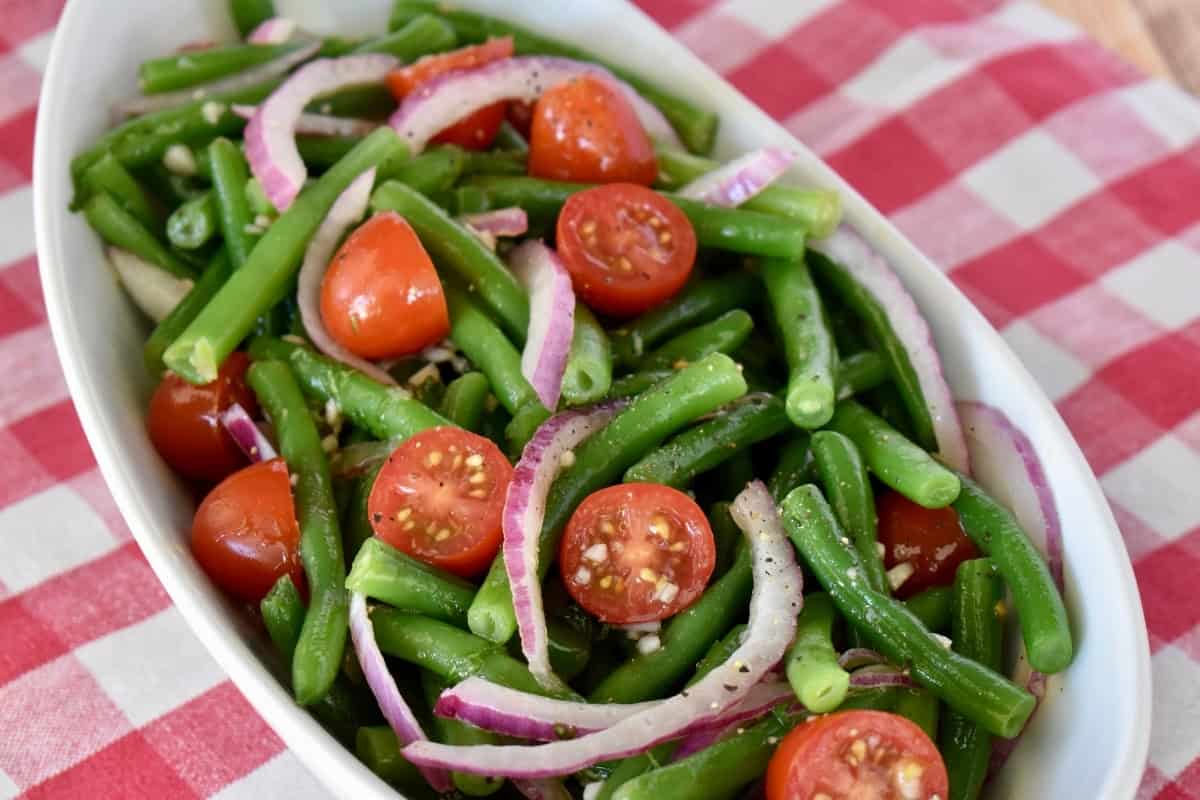 Italian Green Bean Salad in a white bowl. 