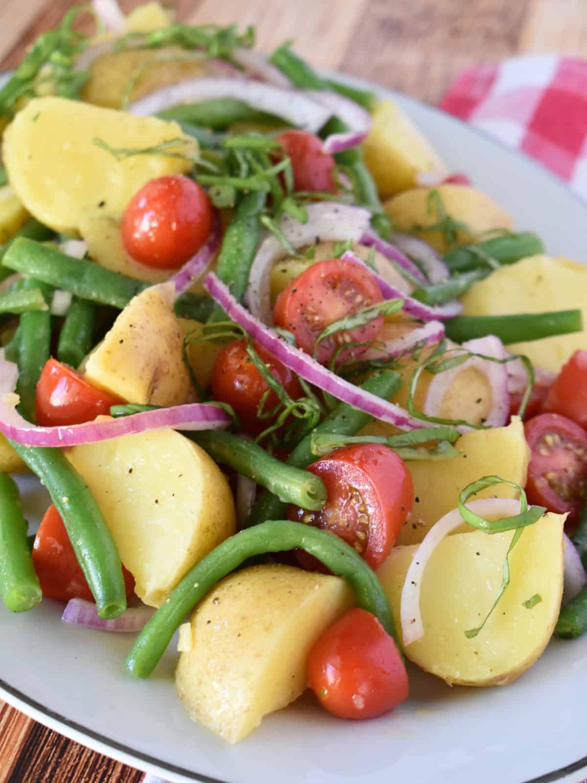 Italian Potato Salad on a white plate. 