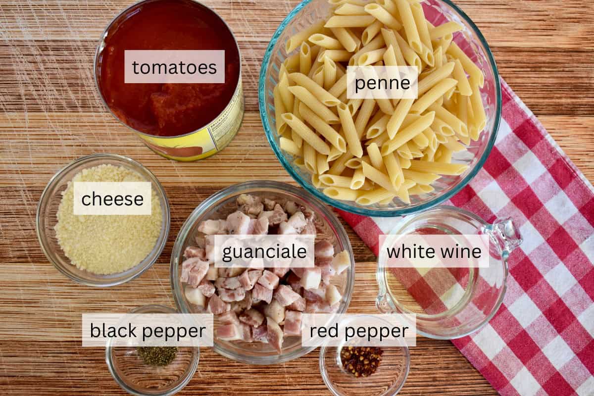 Ingredients for recipe including pasta, tomatoes, meat and cheese. 