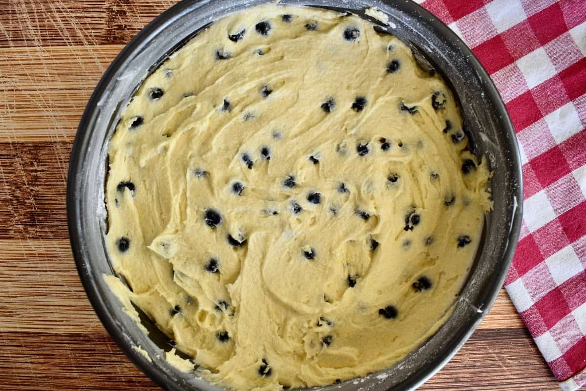Blueberry polenta cake batter in a round springform pan. 