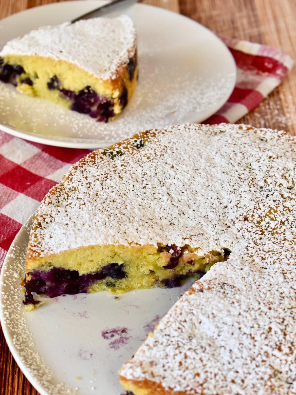 Blueberry Polenta Cake slice on a white plate. 