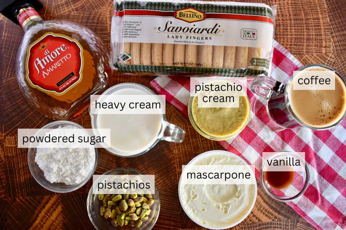 Ingredients for recipe including mascarpone, heavy cream, and ladyfingers. 