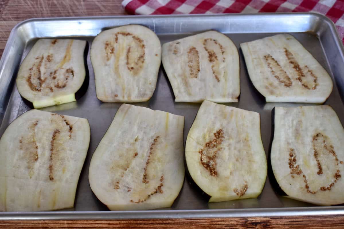 Roasted vegetables on a baking pan. 