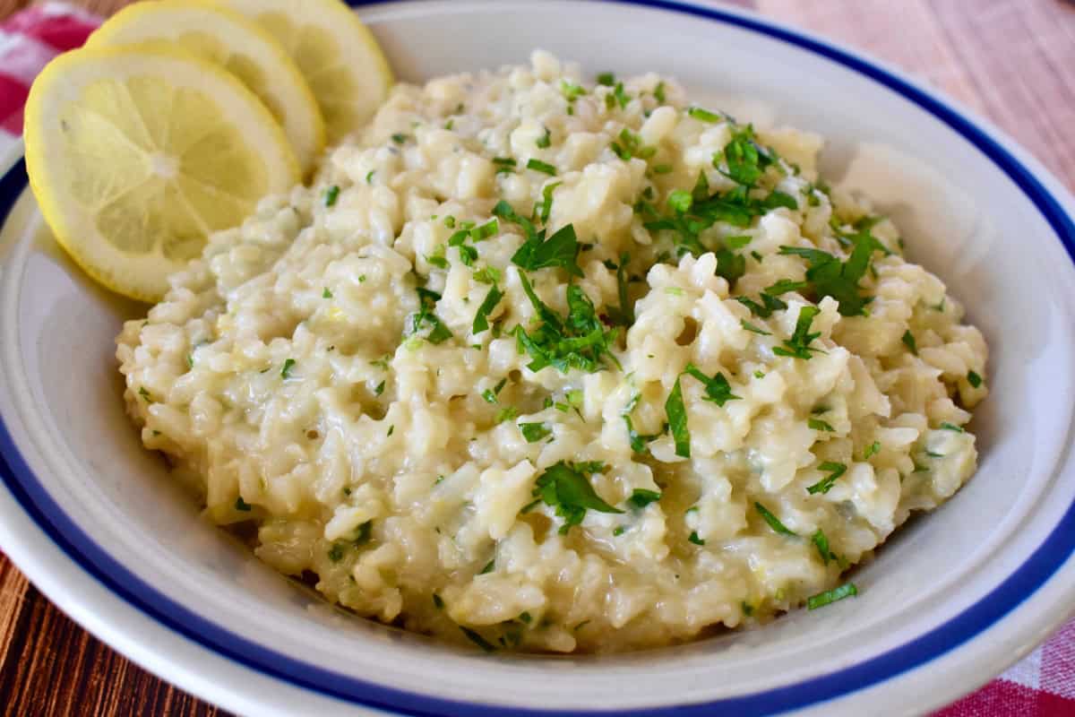Lemon Risotto in a white bowl. 