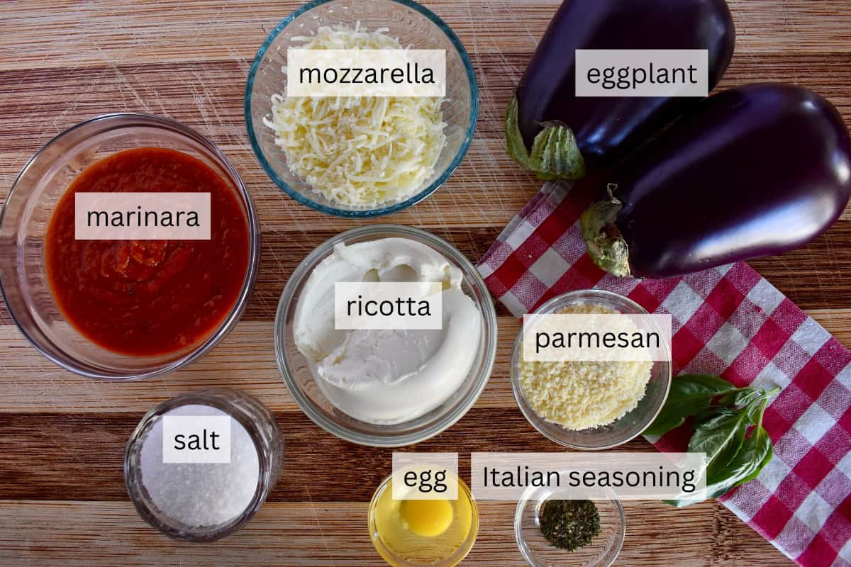 Ingredients for recipe including ricotta, mozzarella, and marinara sauce. 