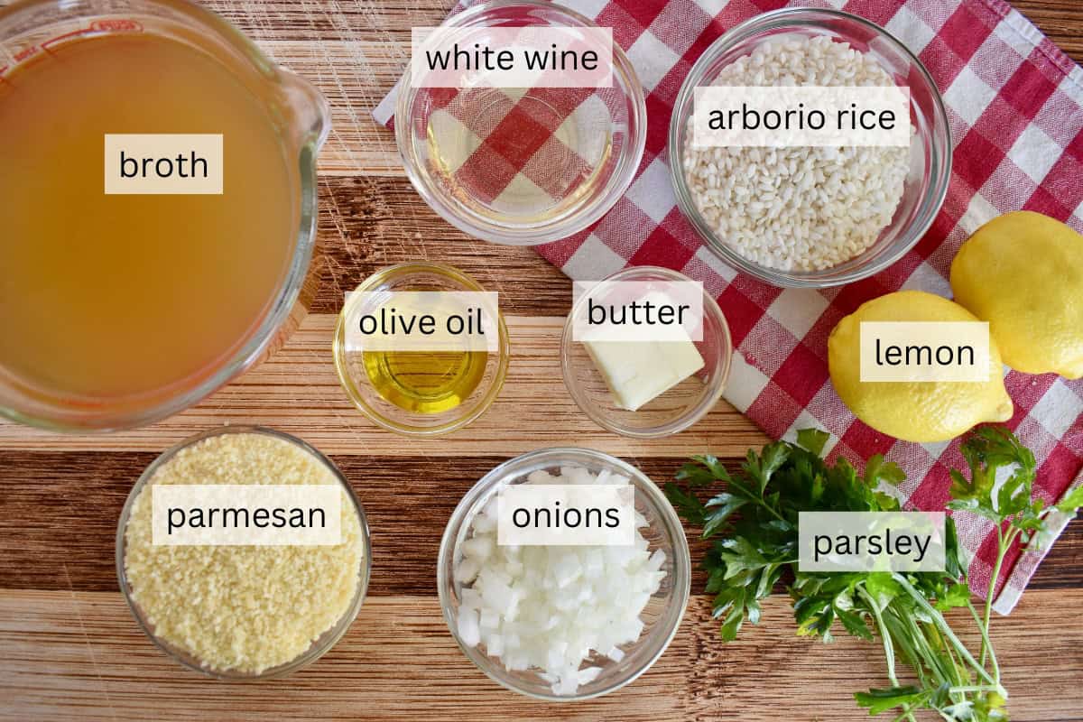 Ingredients including arborio rice, onions, and broth. 