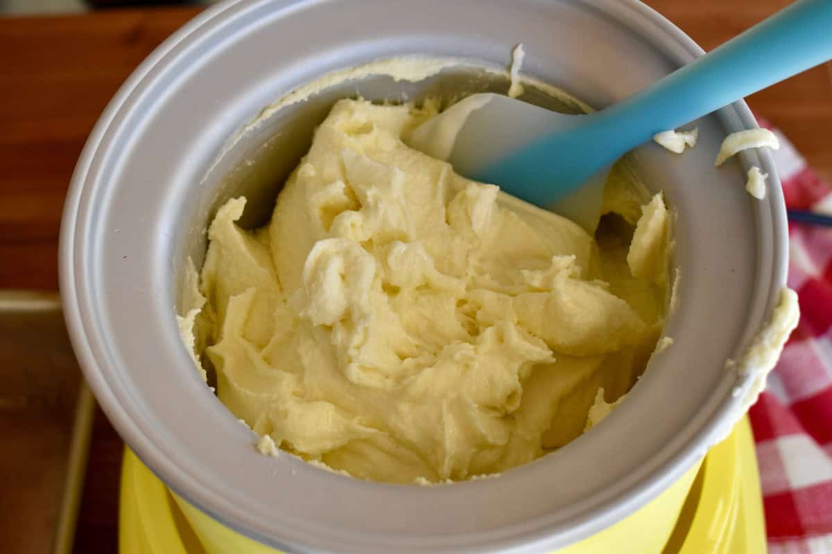 Olive oil gelato in a yellow ice cream maker. 