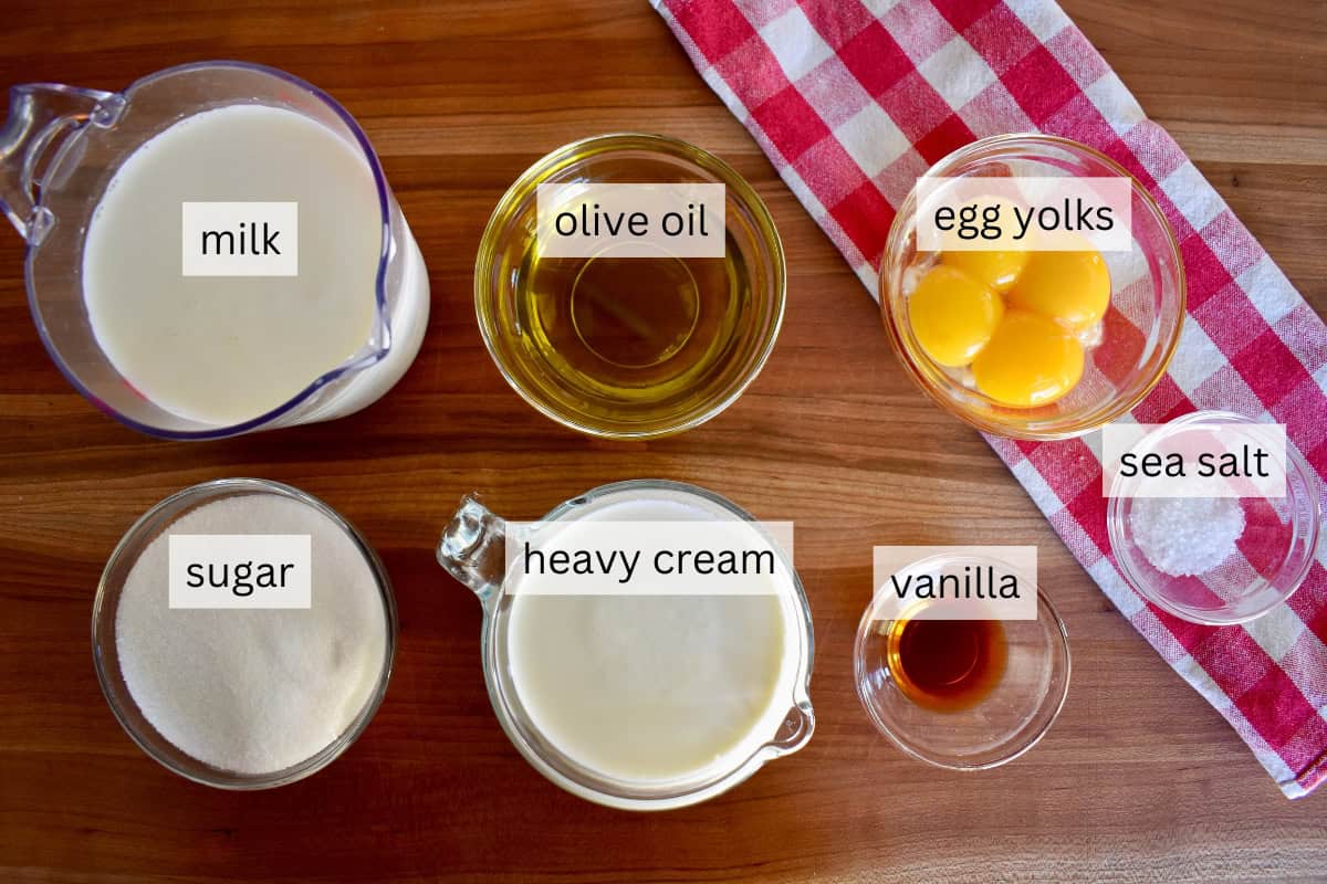 Ingredients including egg yolks, heavy cream, and milk. 