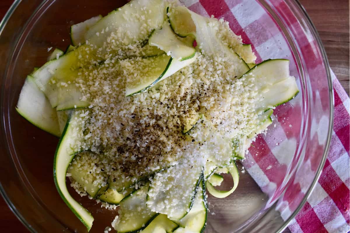 Dressing ingredients added on top of the bowl. 