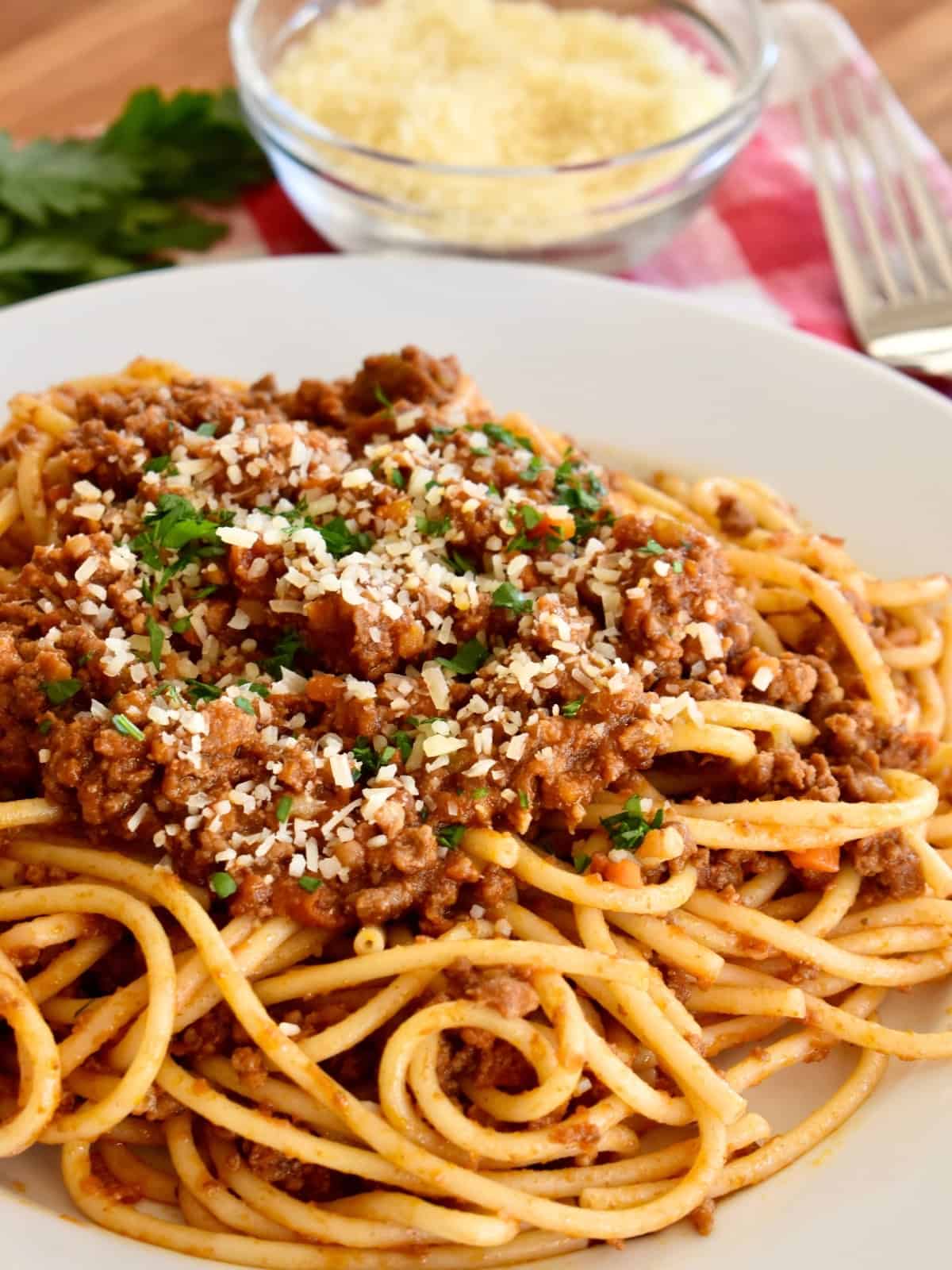 Bolognese pasta on a white plate with parmesan cheese. 